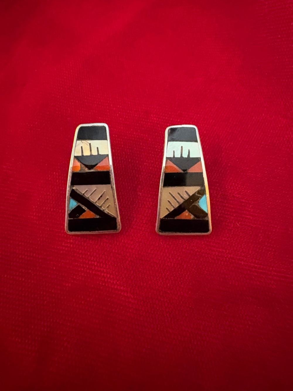 Zuni Native American Inlay Earrings Postback Signed. Turquoise, Coral, MOP, Onyx